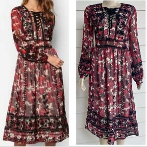 Topshop Embroidered Midi Dress Size 6 Boho Bishop Sleeves Wedding Novelty Fall